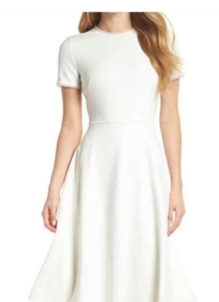 Gal Meets Glam Reme White Fit/ Flare Pearl Trim Dress Sz. O