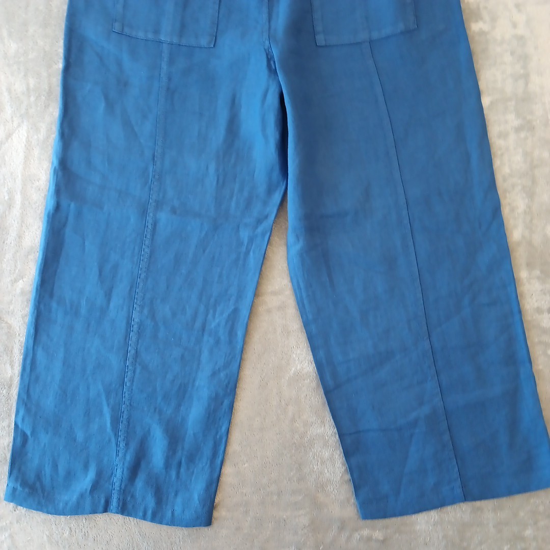 Wrap London Ankle Pants Womens Size 12 Blue Wide Leg Linen Pull On Pockets