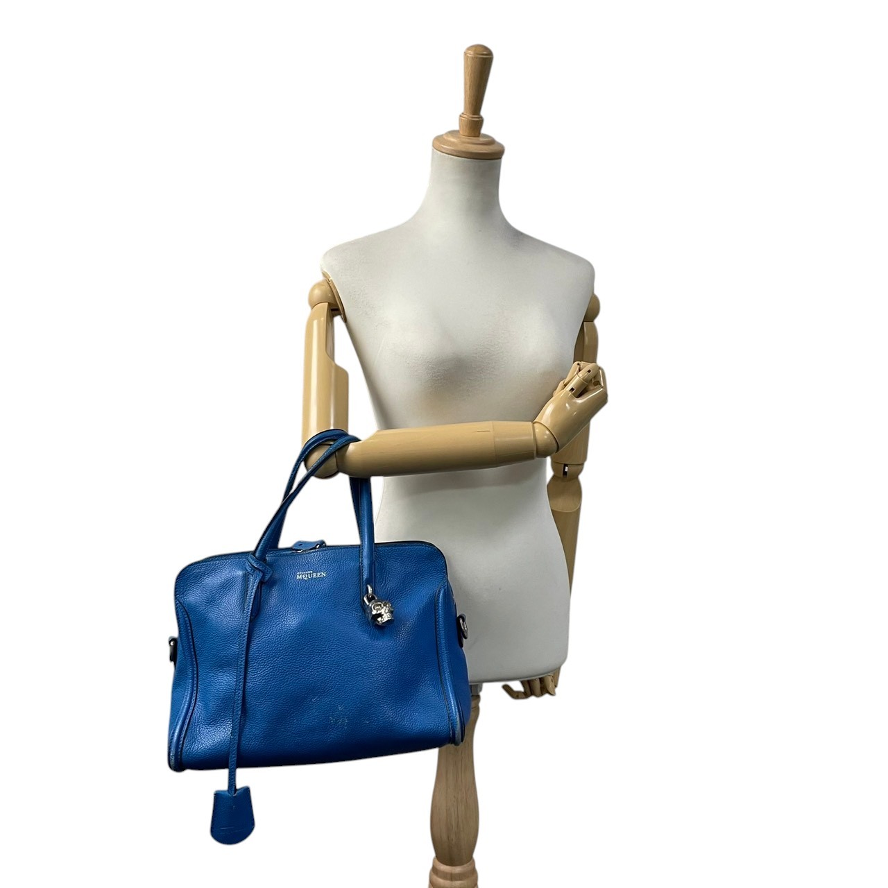 Authentic Alexander McQueen Padlock Zip-Around Tote Bag Blue Leather Elegant