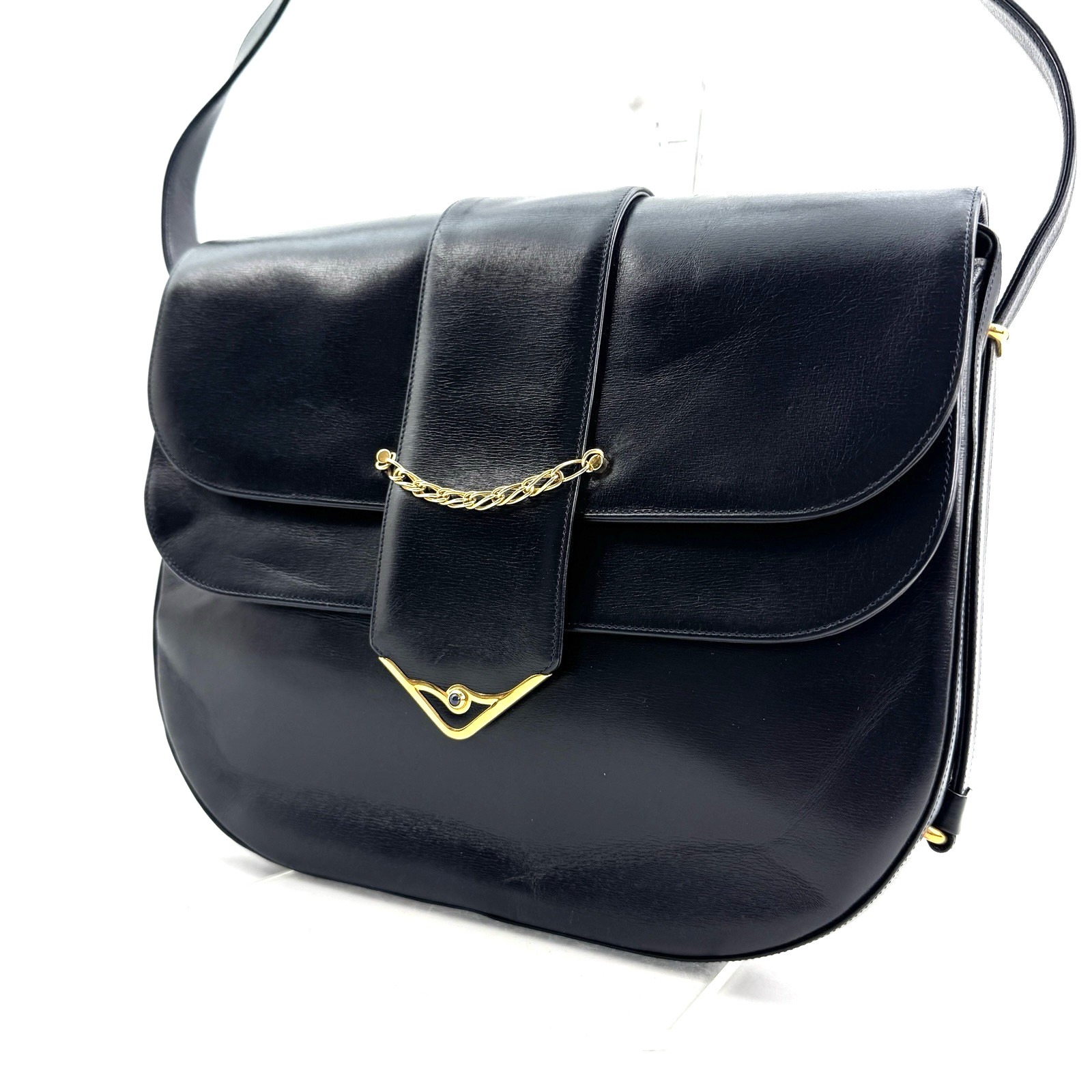 Cartier Sapphire Shoulder Bag Leather Black Gold Authentic