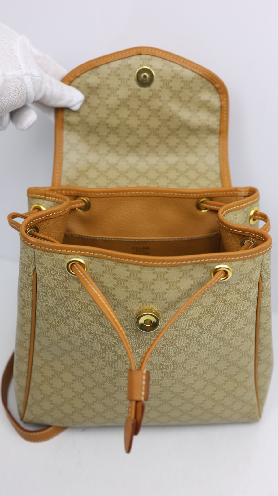 Rare Auth CELINE Vintage Beige Macadam Canvas Backpack – Monogram Rucksack Purse