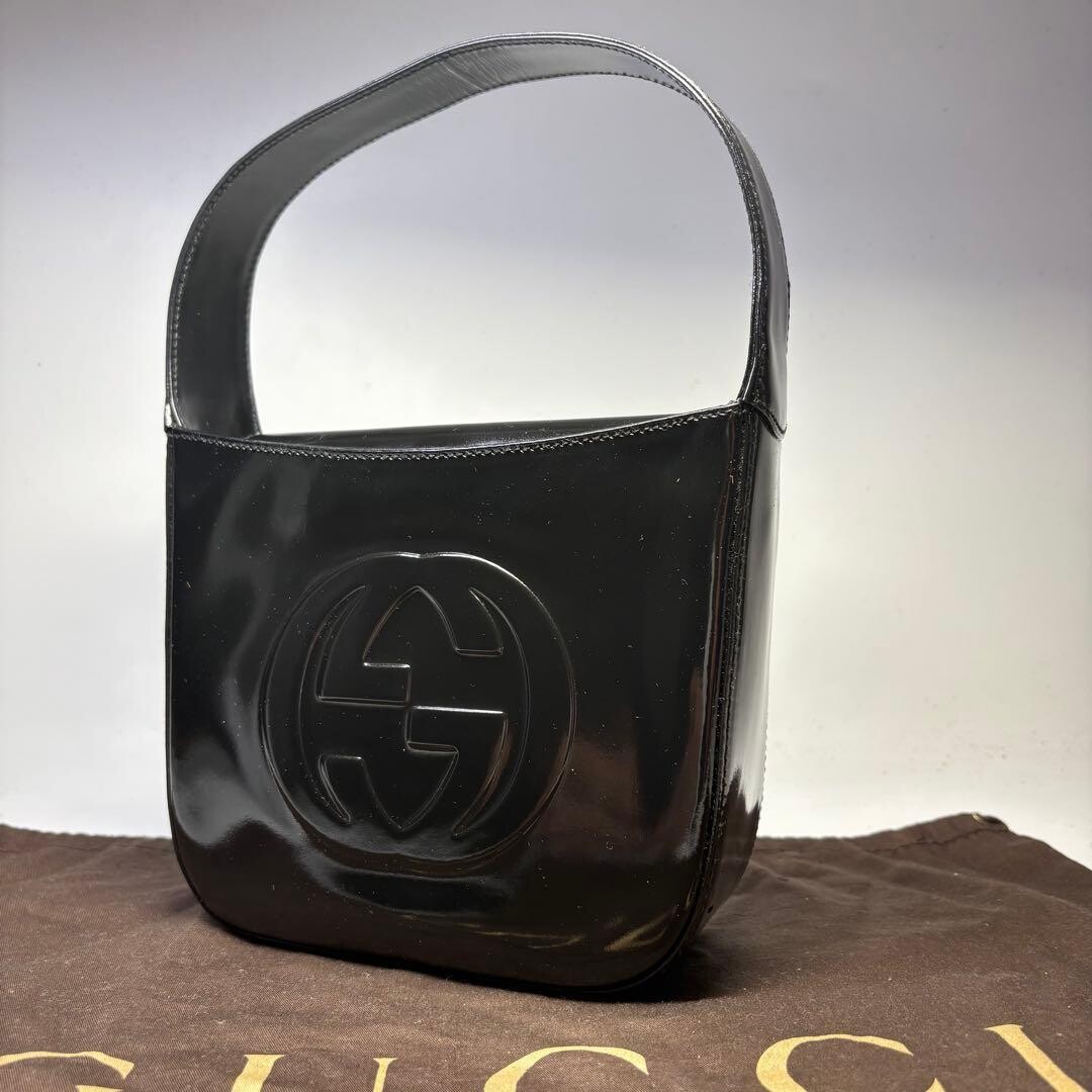 GUCCI Patent Leather One Shoulder Bag Black Embossed Interlocking G Auth