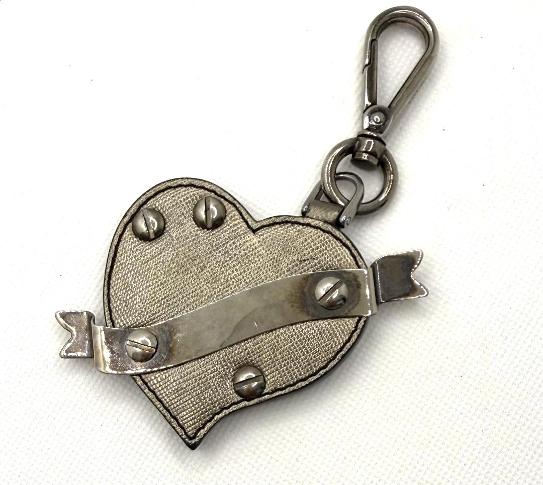 PRADA Heart Charm Key Ring Bag Charm Silver Saffiano Leather Studs 2.8×2.8in.