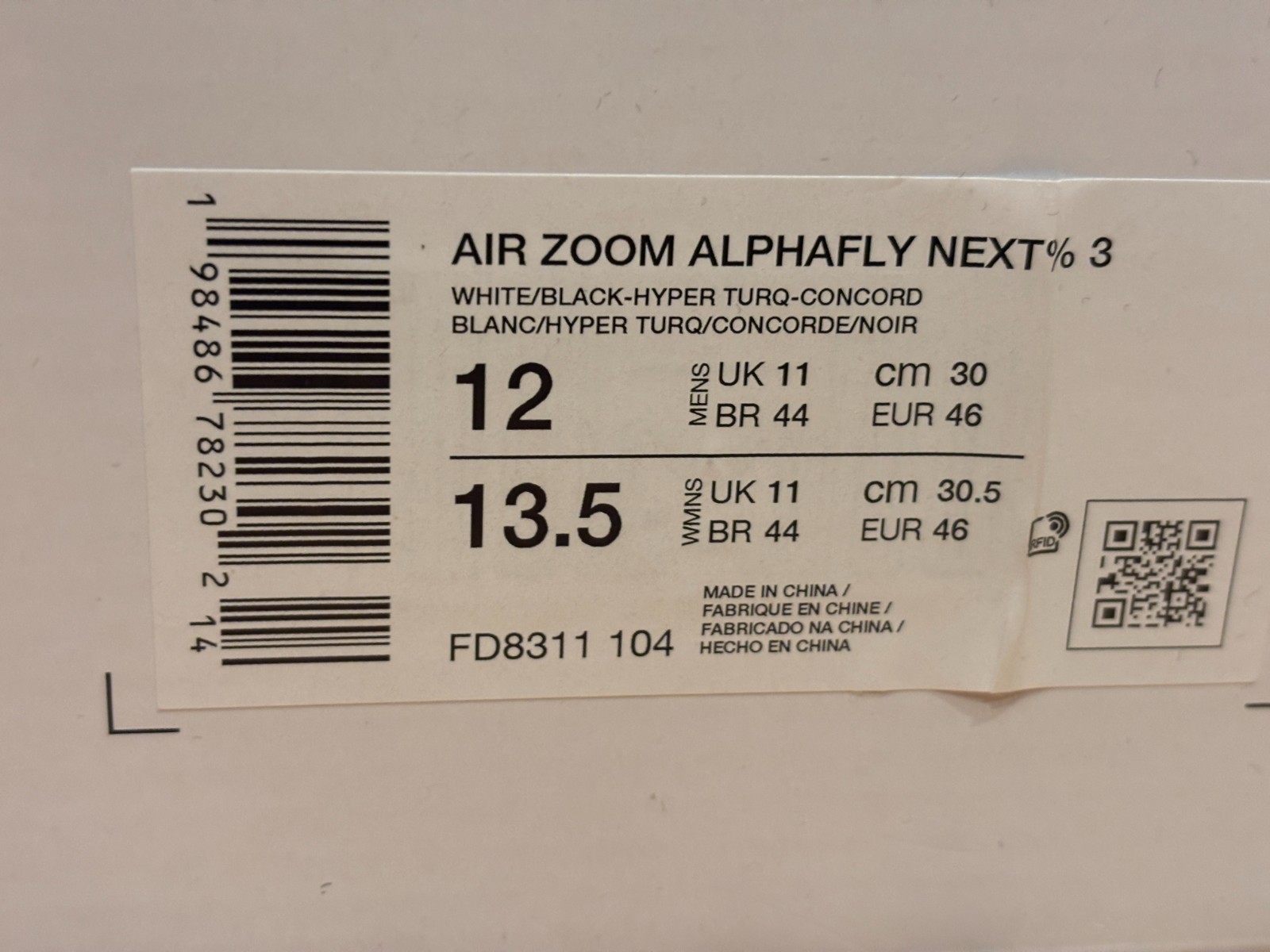 Nike Air Zoom Alphafly Next% 3 White Black Hyper Turquoise FD8311 104 Size 12