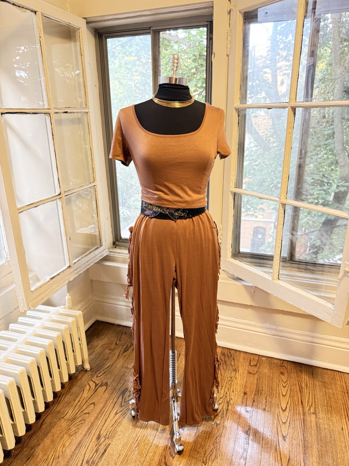 Boho Brown Fringe 2 Pc Set S/M Wide Leg Pants Festival Western Lounge Outfit