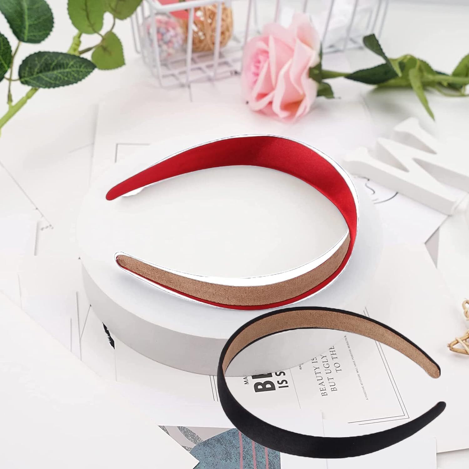 2 Pack Black White Satin Headbands 1.3 Inch Wide Non Slip Fashion Hair Bands