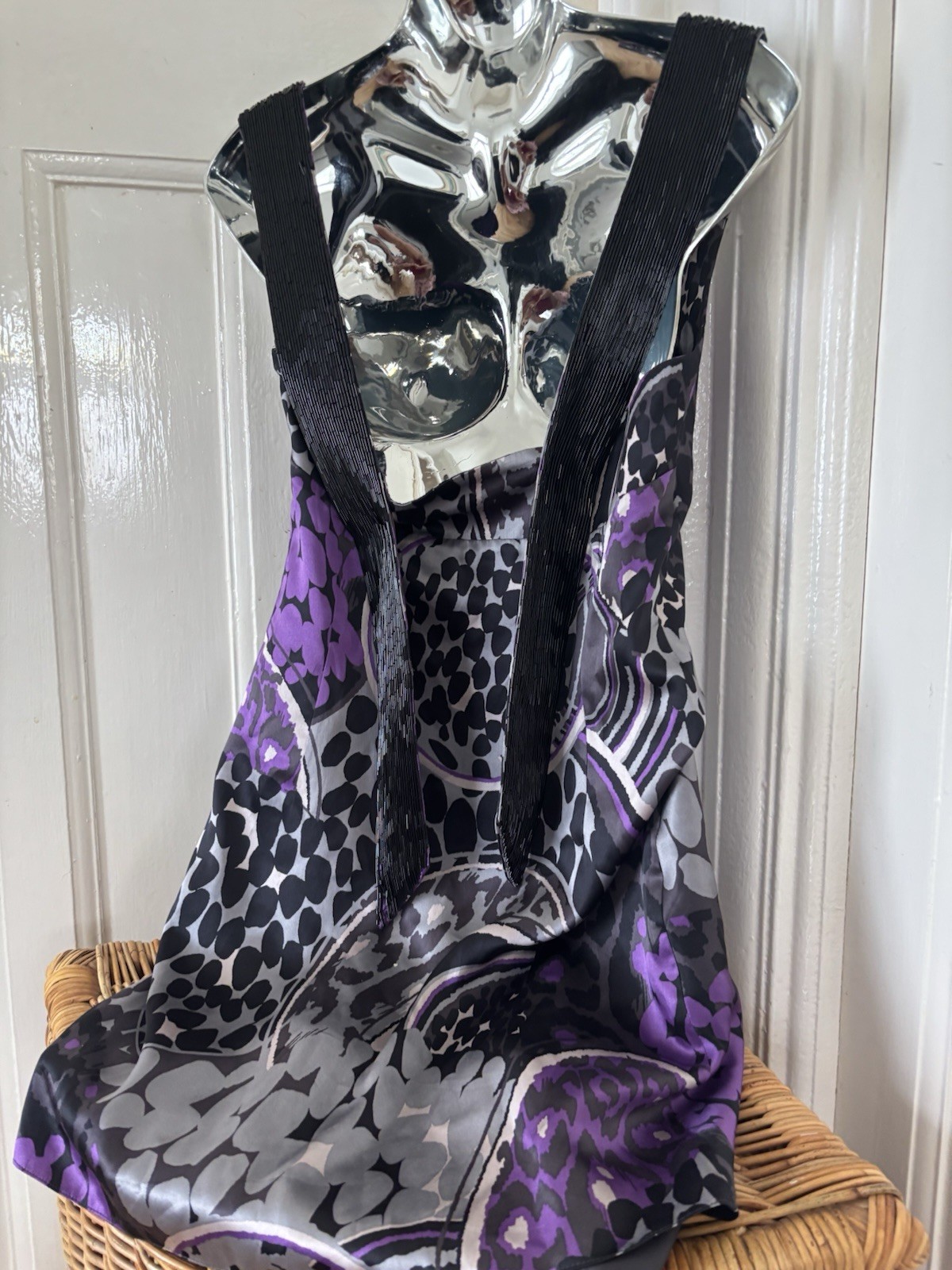 Vintage Ted Baker London 100% Silk Dress Sz 2 UK 10 Y2K Beaded Straps Purple