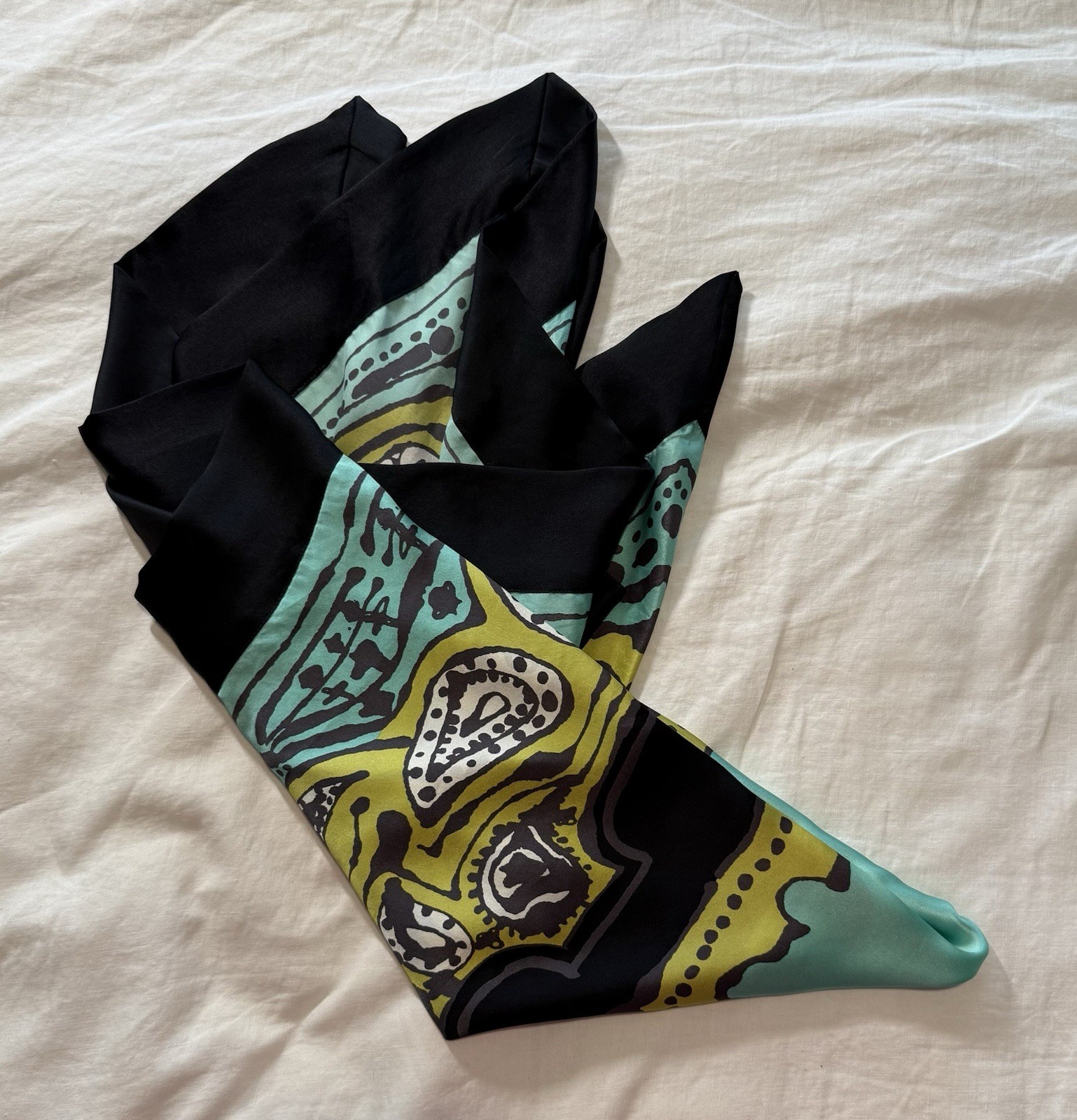 Vera Neumann Bold Teal Black Celadon Silk Scarf With Double Layer Border 43in Sq