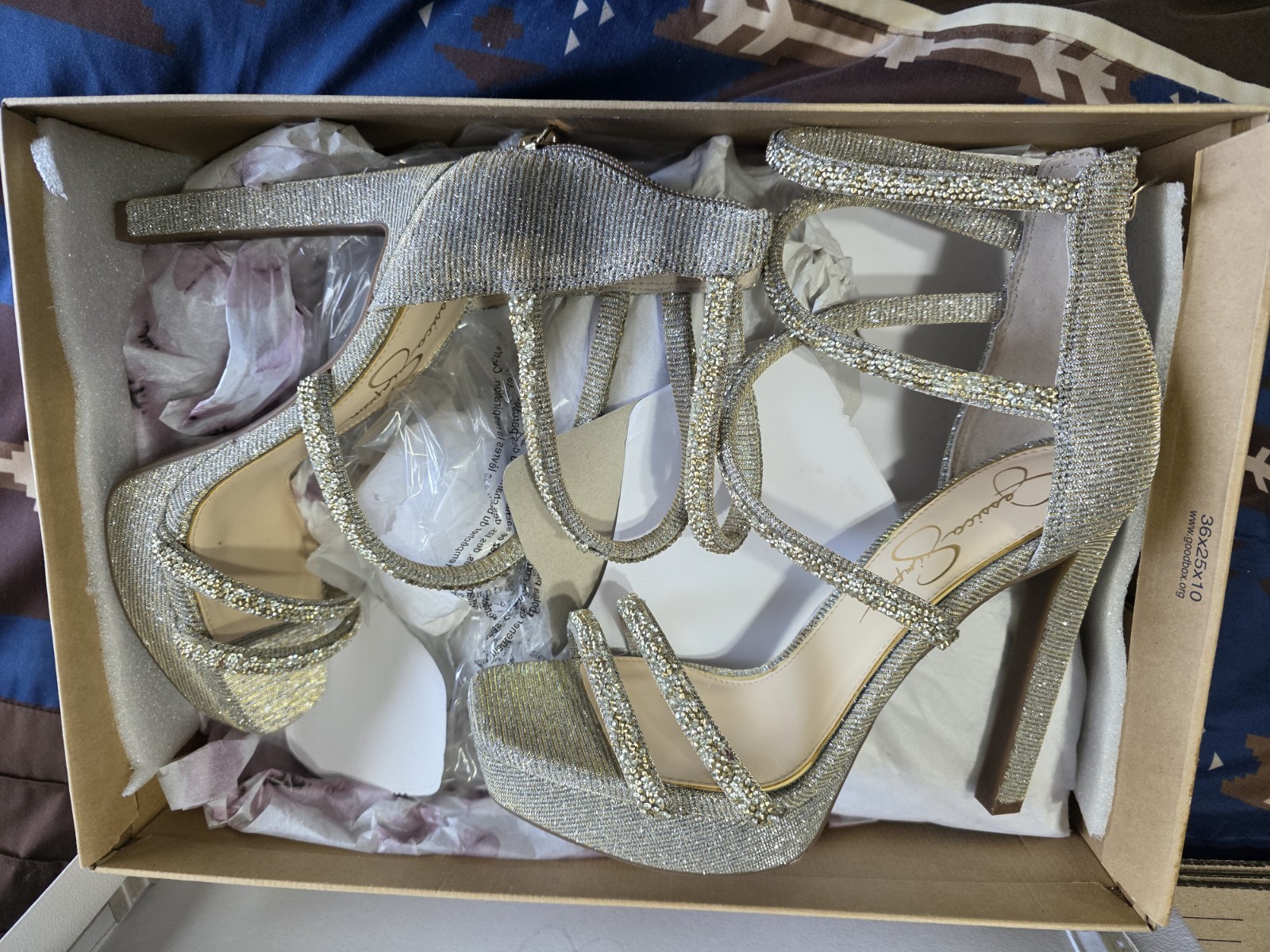 Jessica Simpson Gold Glitter Strappy Stiletto Heel Zip Sandals 7M Gabor
