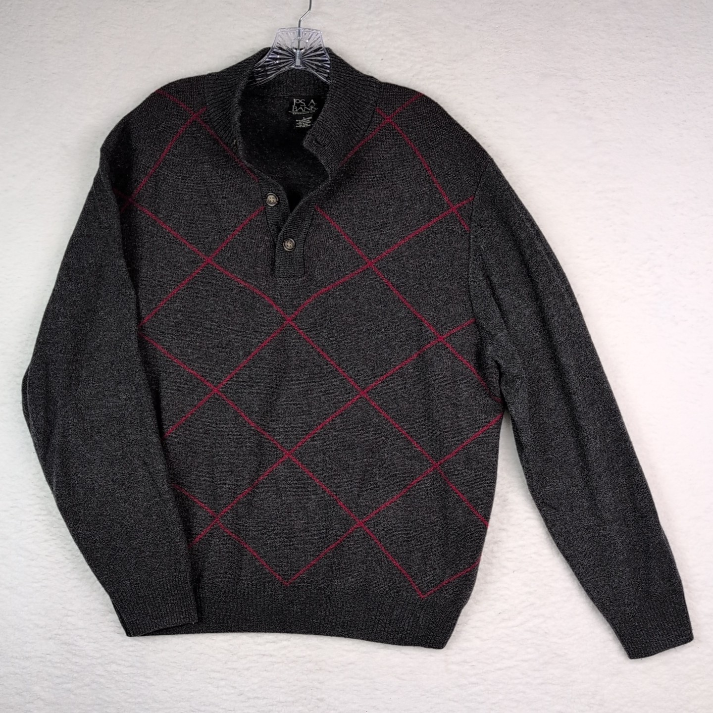 Jos A Bank Men’s Large Lambswool Polo Sweater Argyle Gray Red Outdoor Preppy