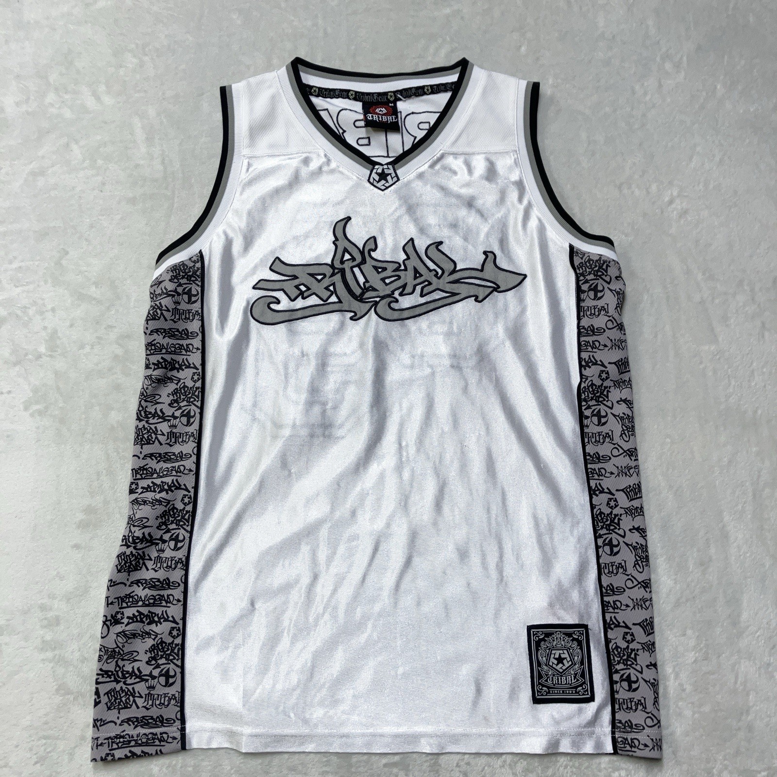 Vintage Tribal Gear Basketball Jersey Embroidered Graffiti Logo Dazzle Silky Y2K