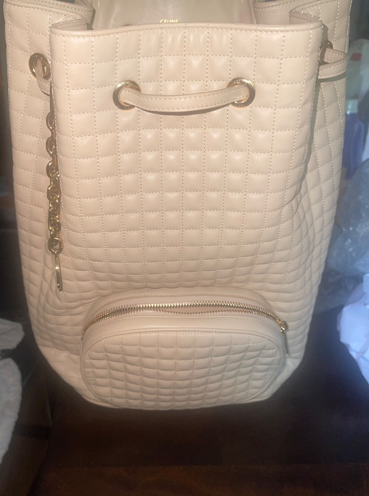 celine medium leather bucket bag with gold c charm