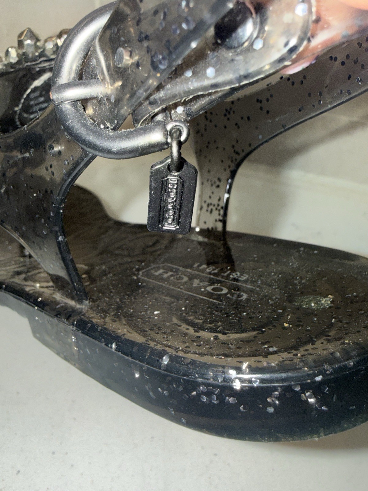Coach Hilda Jelly Sandals Size 9 Black Embellished Glitter Designer Resortwear