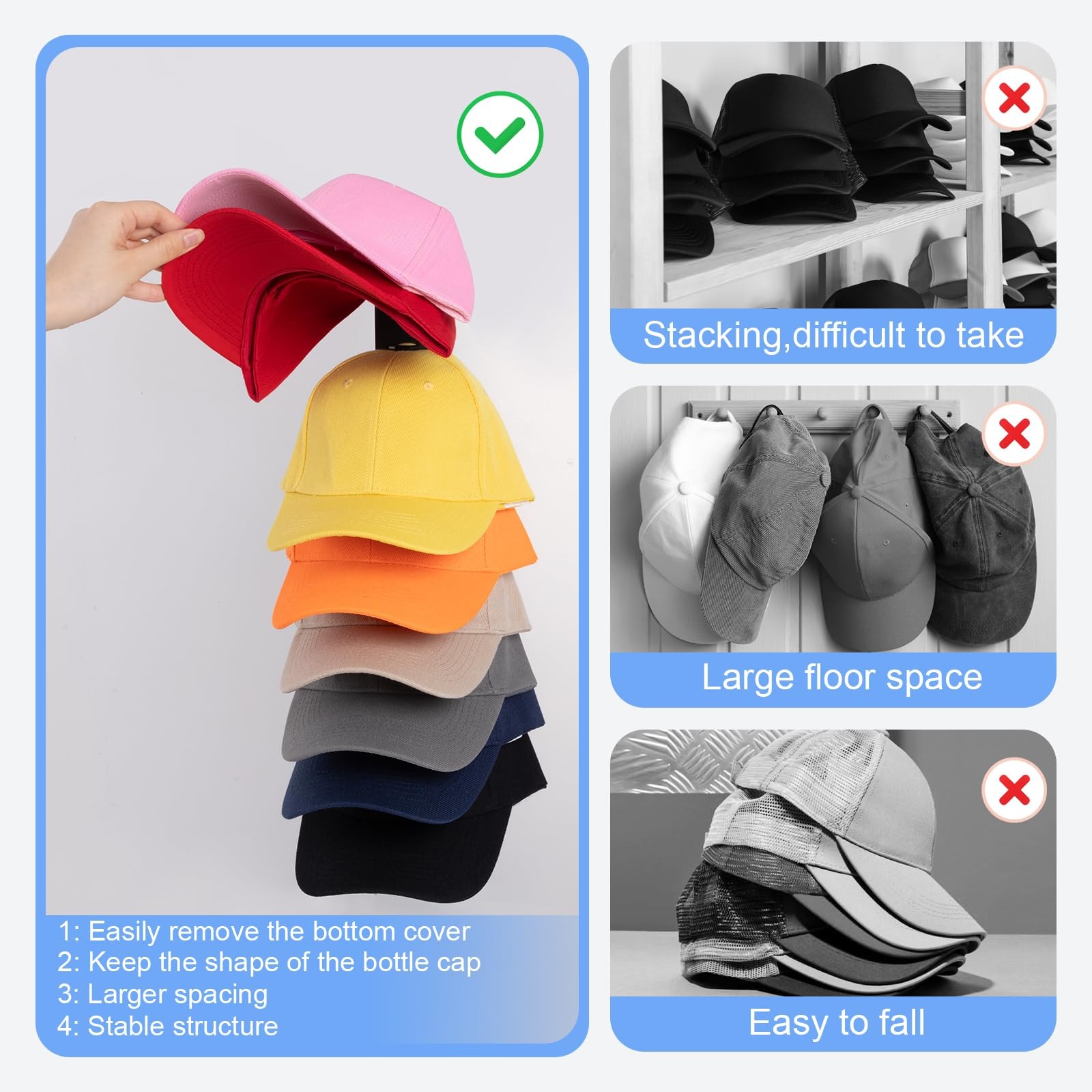 2 Pack Hat Organizer For Baseball Caps, Hat Rack for Wall Holds 18 Hats | Thick