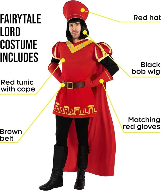 Men`s Red Fairy Tale Lord Costume + Wig Adult Farquaad Outfit Halloween M – 3XL
