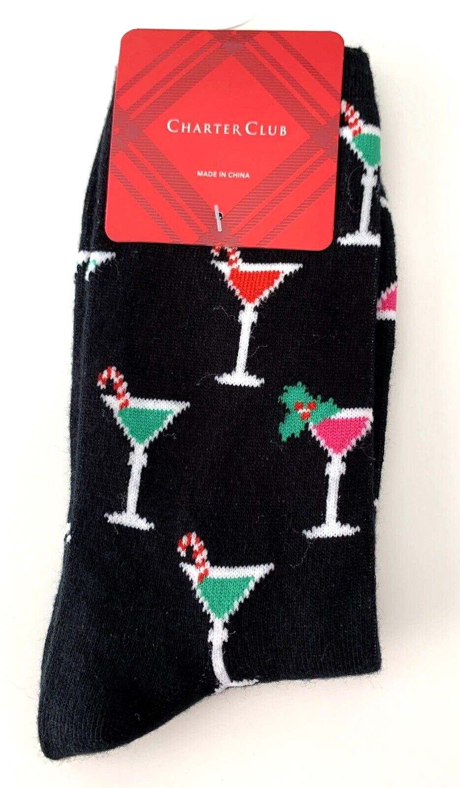 CHARTER CLUB Christmas Holiday Crew Socks Beverage Black Size 9-11