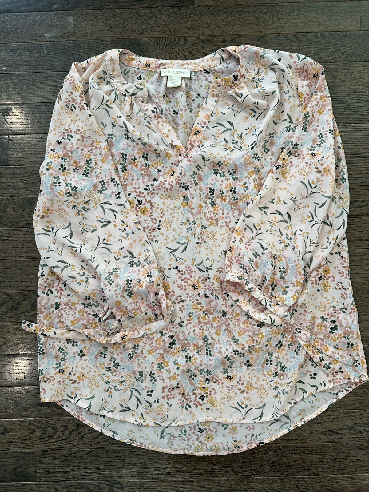 Cynthia Rowley Pink Floral V-Neck Tie Sleeve Lightweight Blouse Spring Size XL