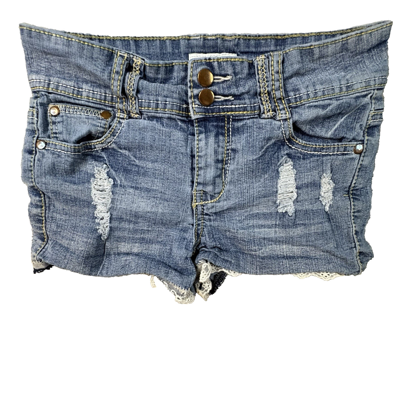 Cato Girls 12 (27×1.75) Blue Distressed Lace Trim Denim Shorts Y2K SEE DESC