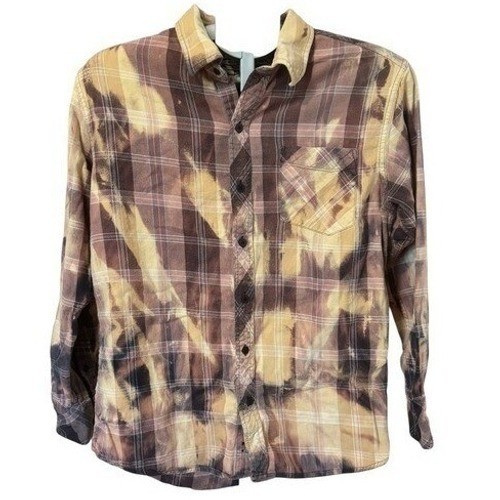 Bleached Flannel Shirt Tie Dye Rust Gray Upcycled Unisex Medium/Large Grunge