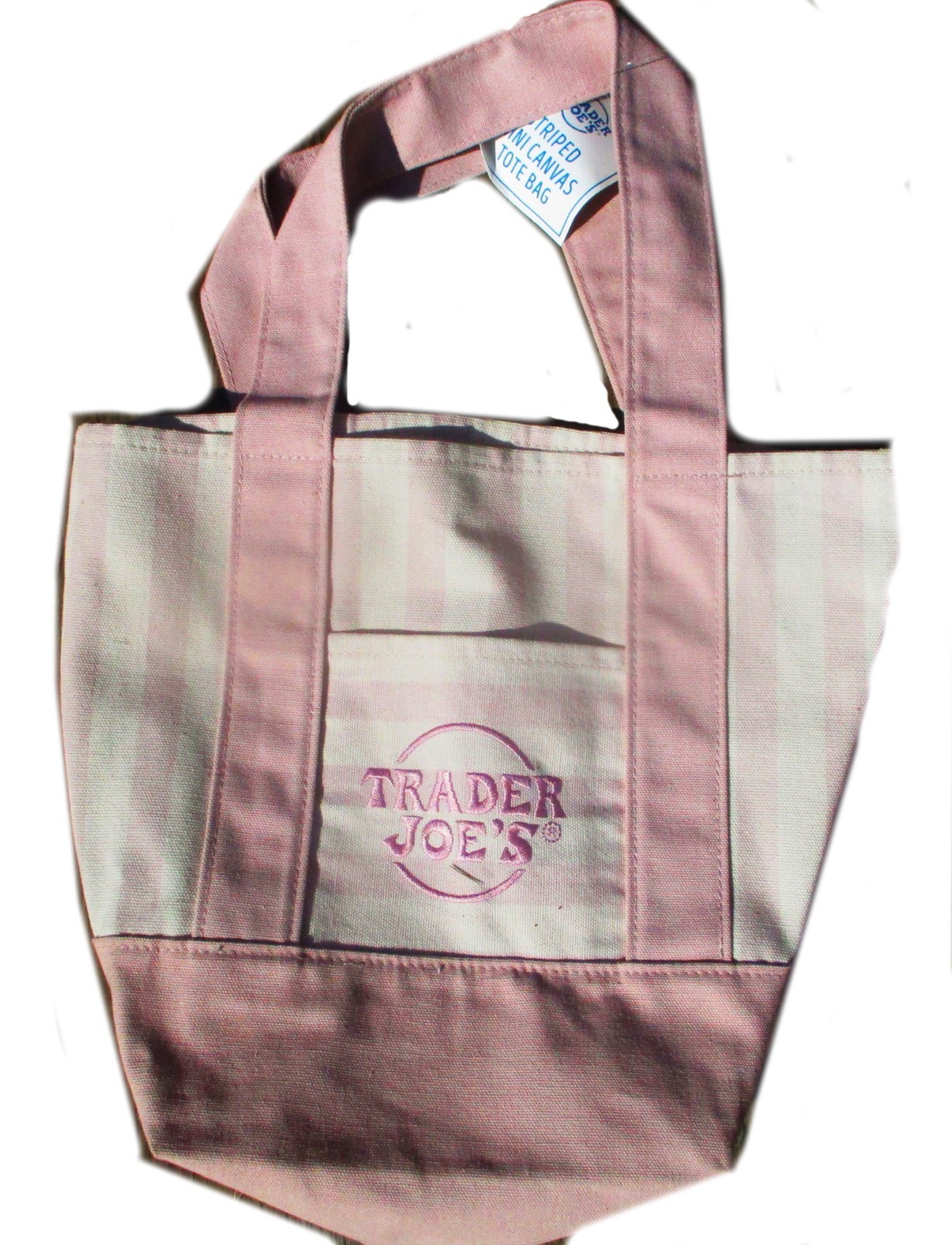 Trader Joes mini canvas tote bag set of four in beige, pink, blue, green. New