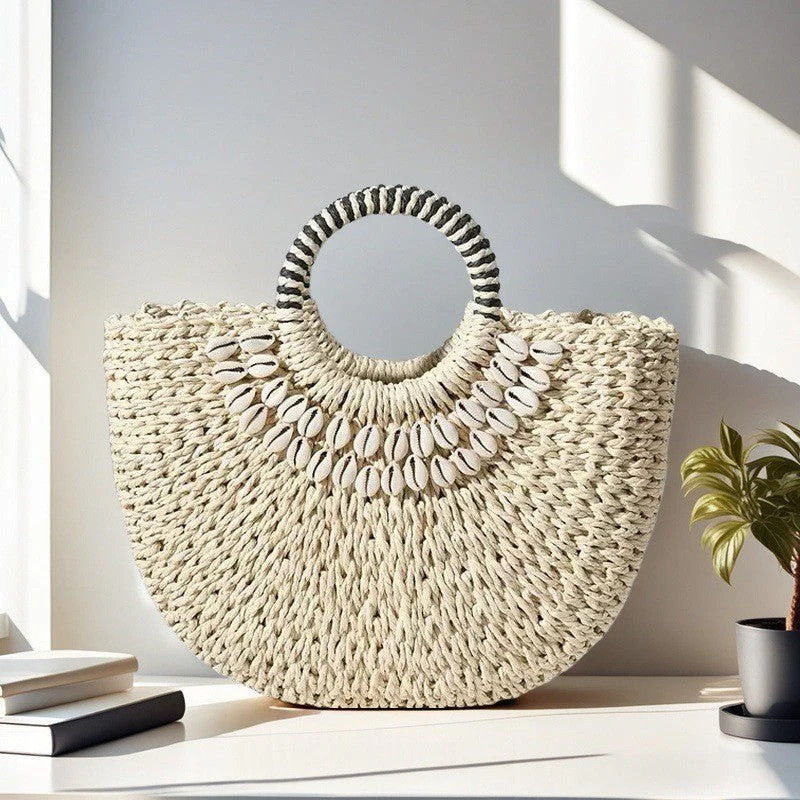 Bohemian Beach Handbag – Woven Semi-Circle Beach Handbag | Summer Vacation Boho