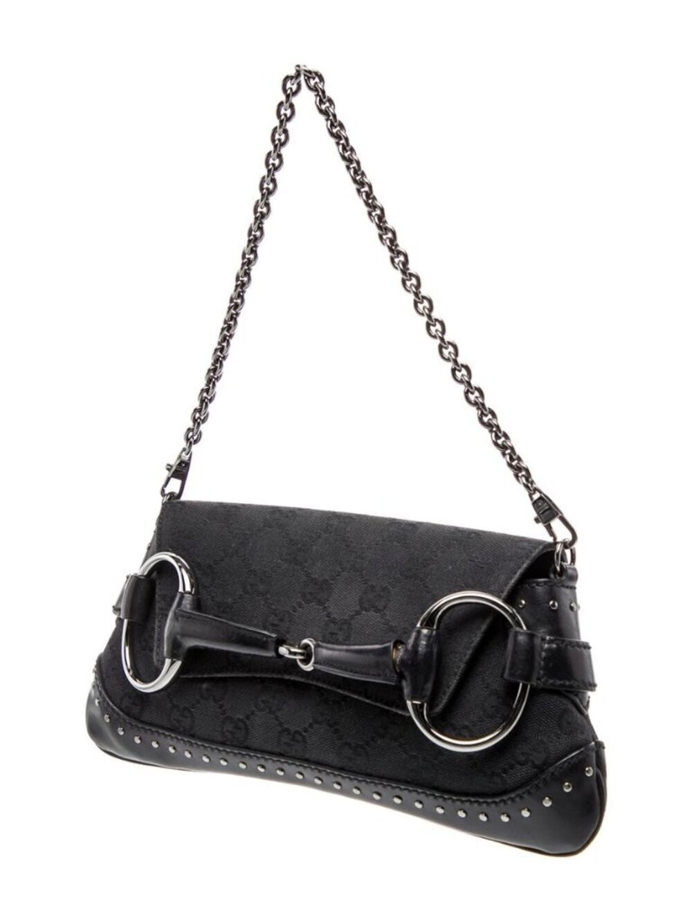 Gucci GG Canvas Horsebit Chain Small Black Shoulder Bag Silver Studded, LUX