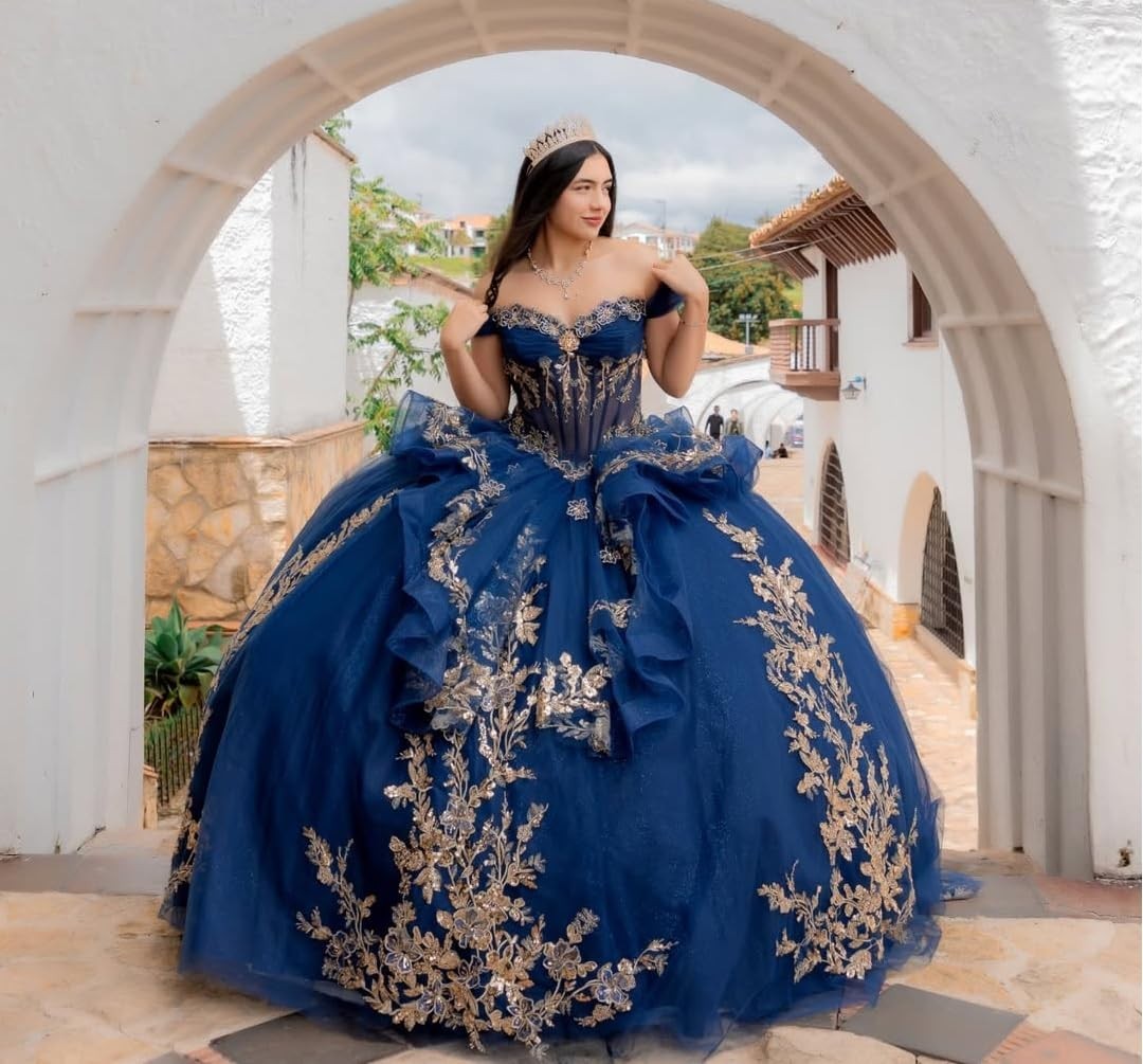 Luxury Gold Appliques Quinceanera Dress Ruffled Tulle Sweet 15 16 Ball Gowns