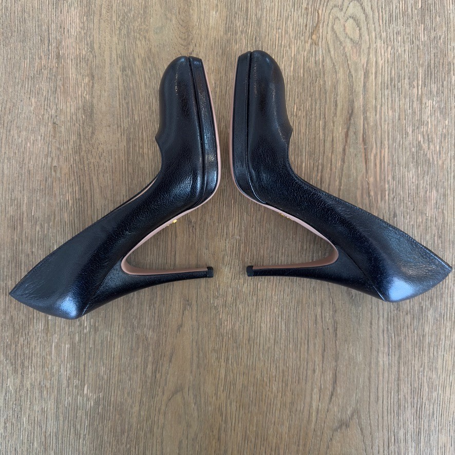 PRADA 120mm Saffiano Pumps-Italian Designer Black Round Toe High Heels-Sz US 8.5