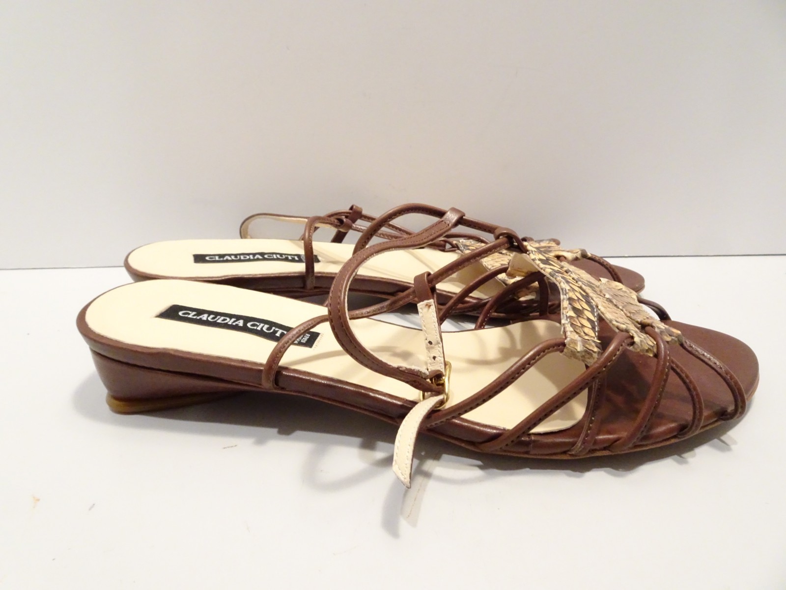Claudia Ciuti Brown Slingback Sz 6.5M Leather Sandals Snakeskin Accent Strappy