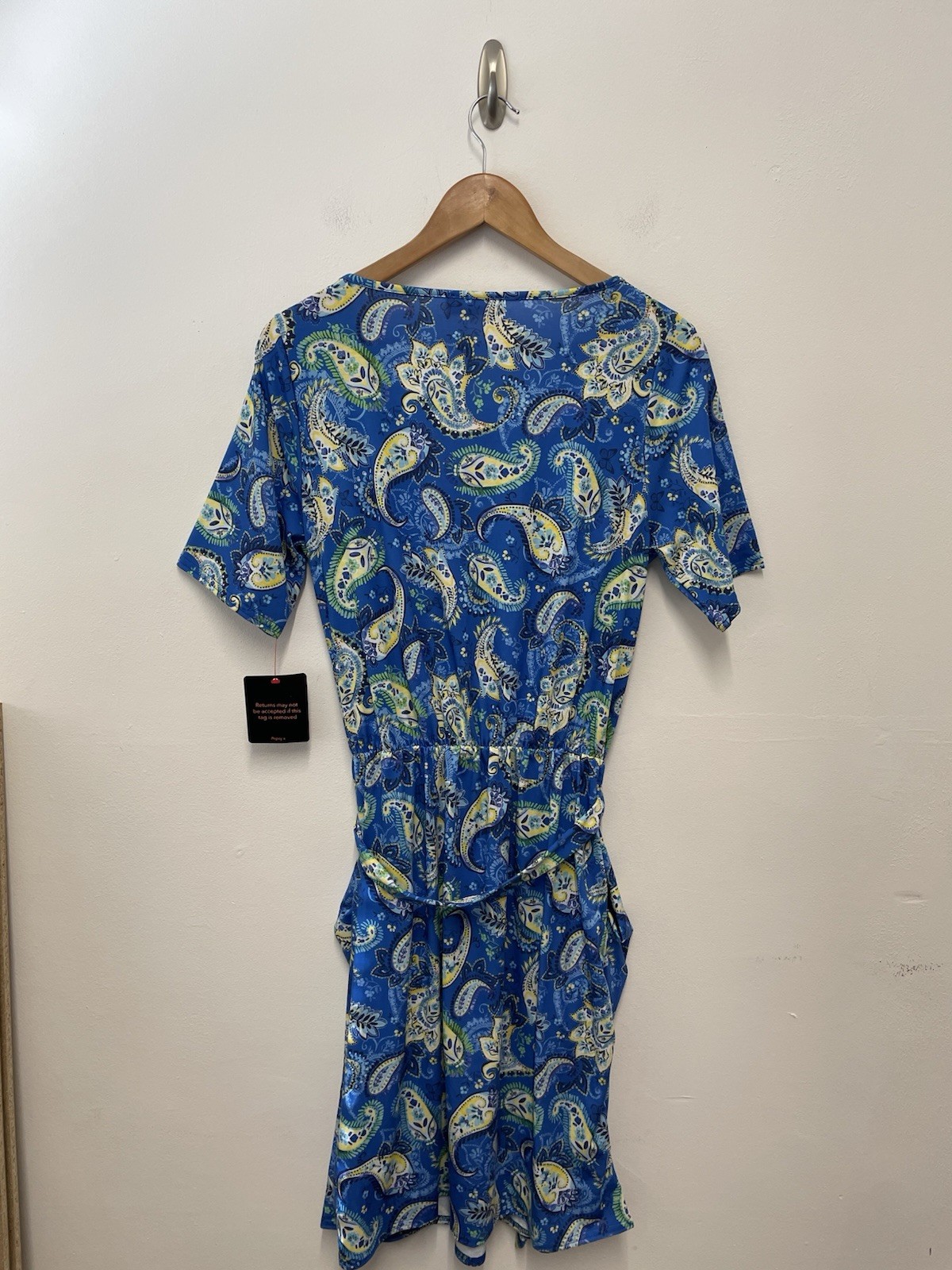 Popsy Tinsley Paisley Print Dress Size 14 Blue Short Sleeve Belted Pockets BNWT