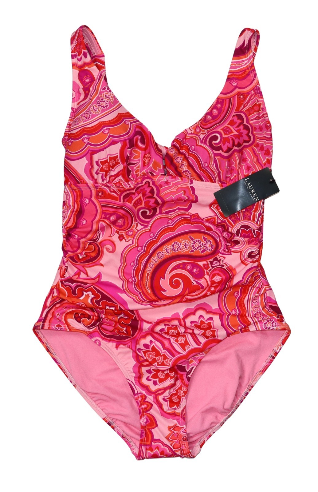 Ralph Lauren Tie Front Provence Paisley Print One Piece Bathing Suit NWT Pink