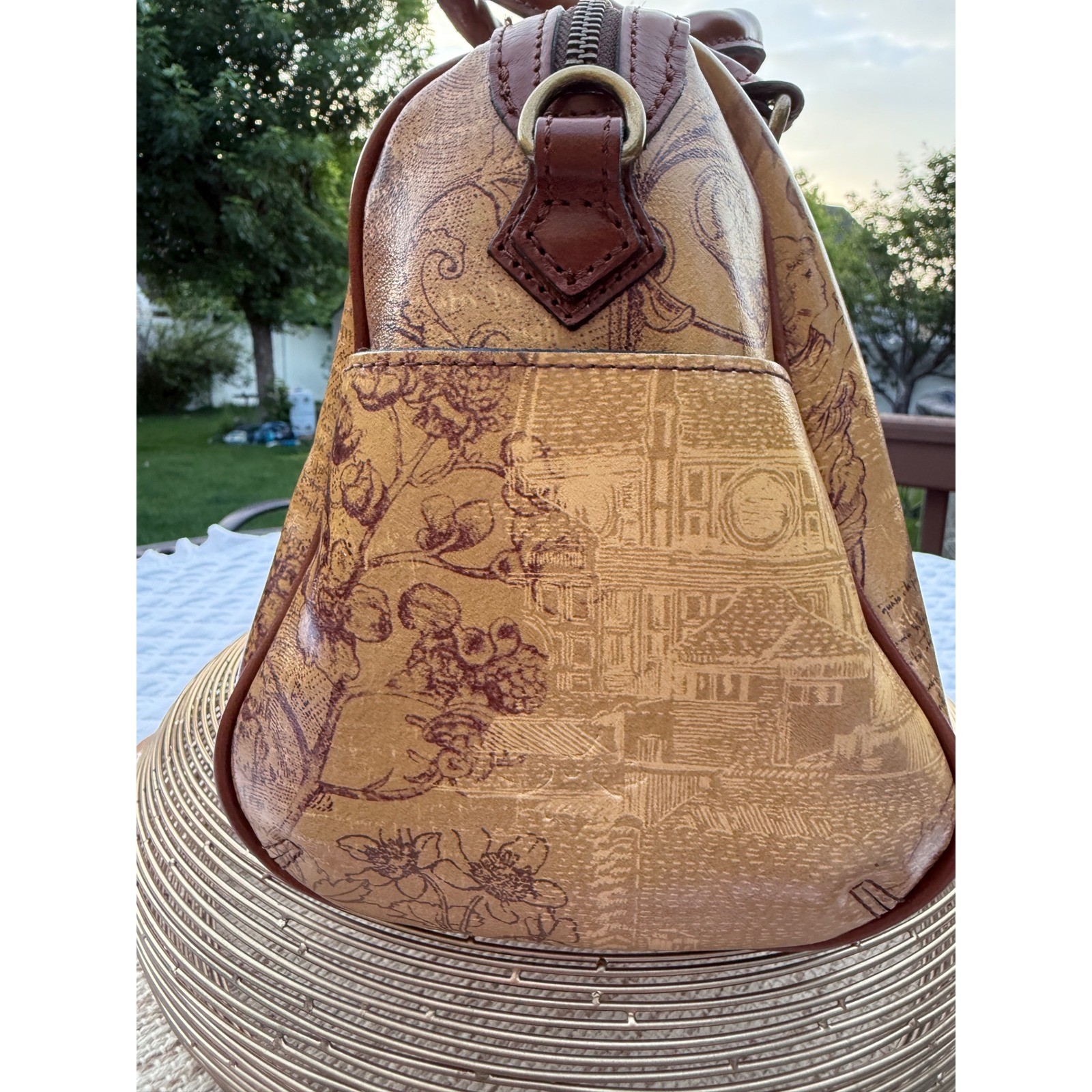 Rare Retired Patricia Nash Leather Satchel Italian Sketchbook Print Bag Tan