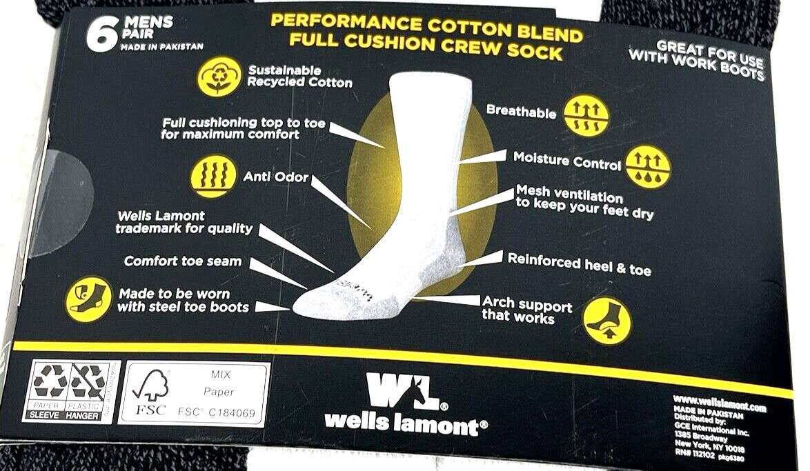 Wells Lamont Men’s Work Crew Socks 6-Pk White/Gray Great For Steel Toe Boots