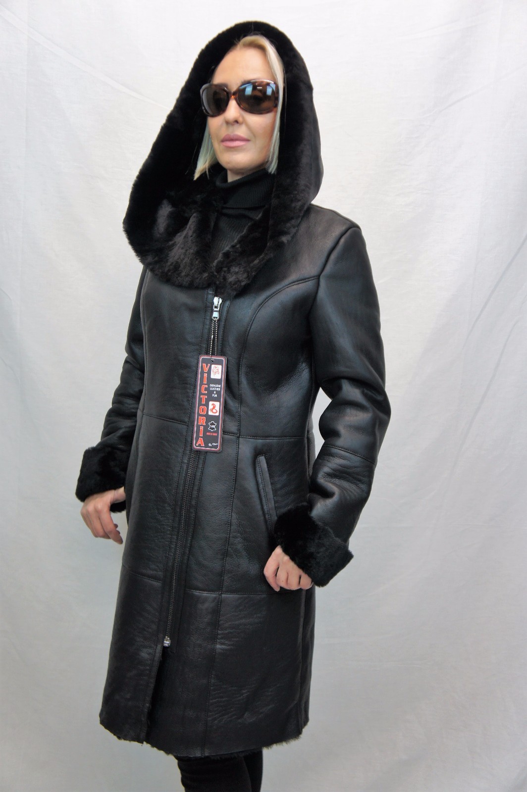 NEW Black REAL 100% GENUINE SHEEPSKIN Shearling Leather long Coat Hood XS – 6XL