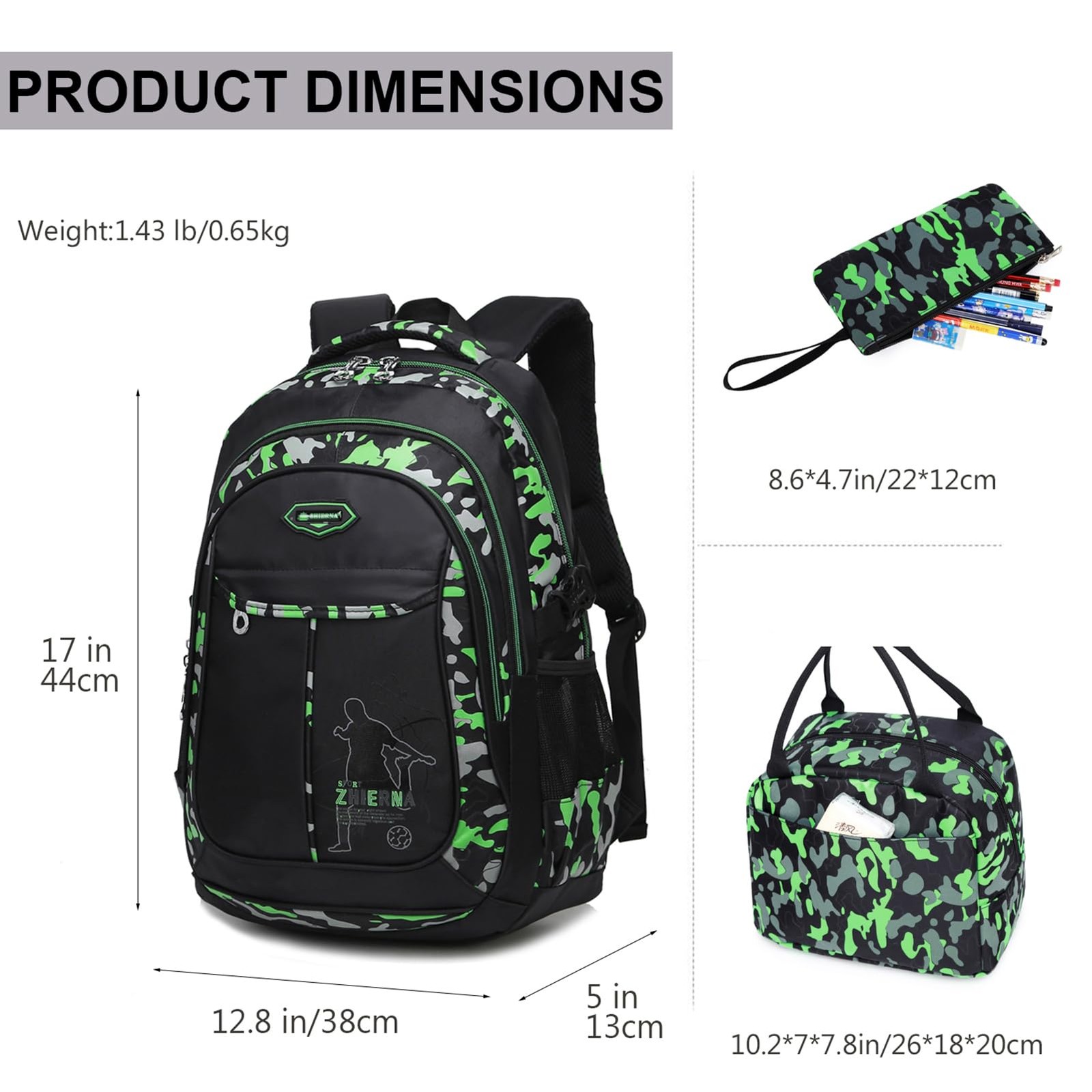 3 PCS Cool Camouflage School Backpack for Boys with Lunch Box Pencil Case