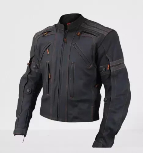 Black Leather Motorcycle Racer Jacket with padded arms, full zipper style biker