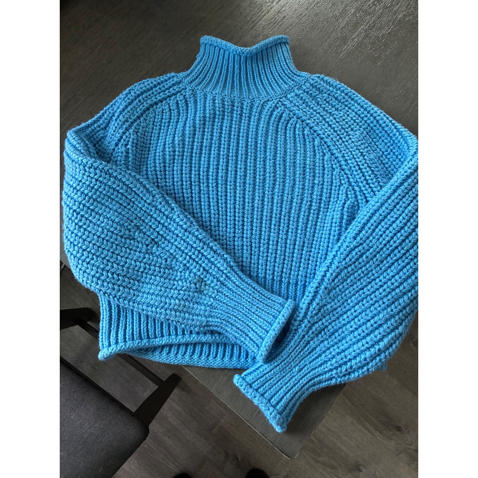 H&M Blue Chunky Ribbed Knit Mock Neck Wool Blend Sweater Size M