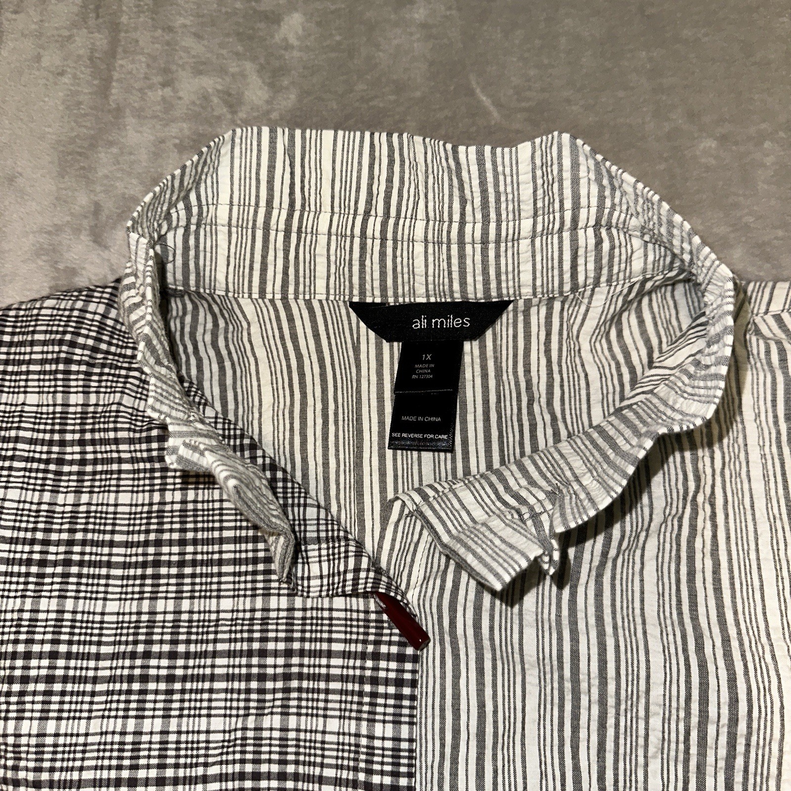 Ali Miles NWT Toggle Button Tunic Plus Size 1X Plaid Stripe Crinkle Wire Collar