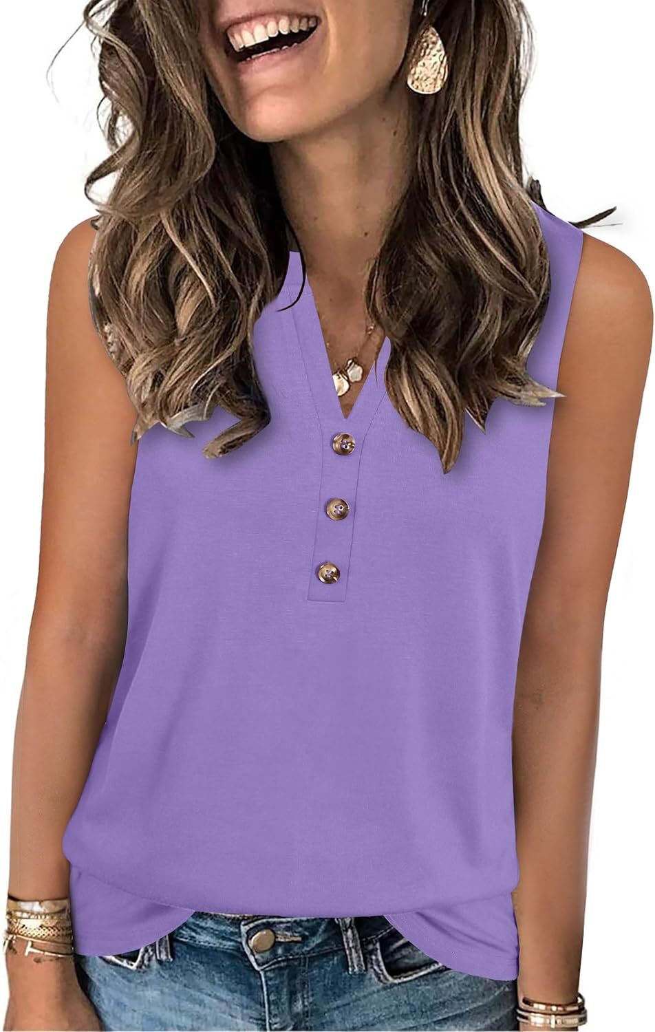 Womens Summer V Neck Tank Top Sleeveless Loose Fit Lightweight Casual Blouse