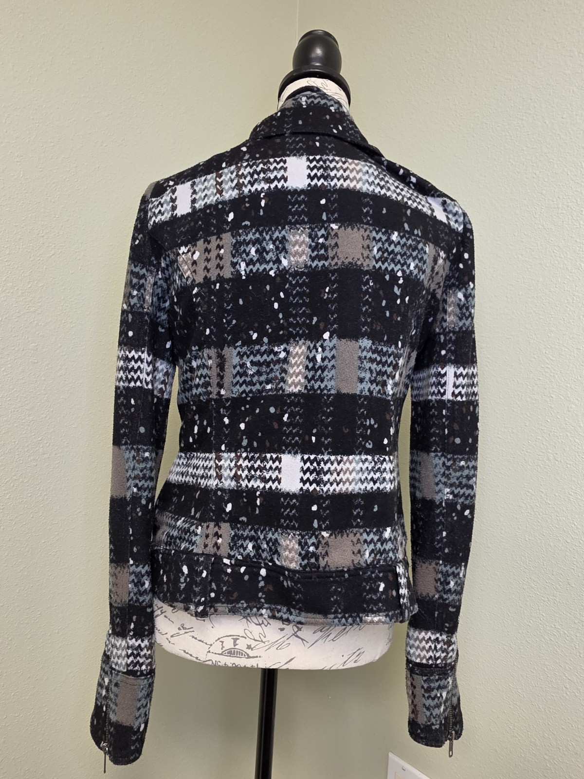 Free People Plaid Splatter Moto Jacket Zip Front Pockets Short Long Sleeve 10