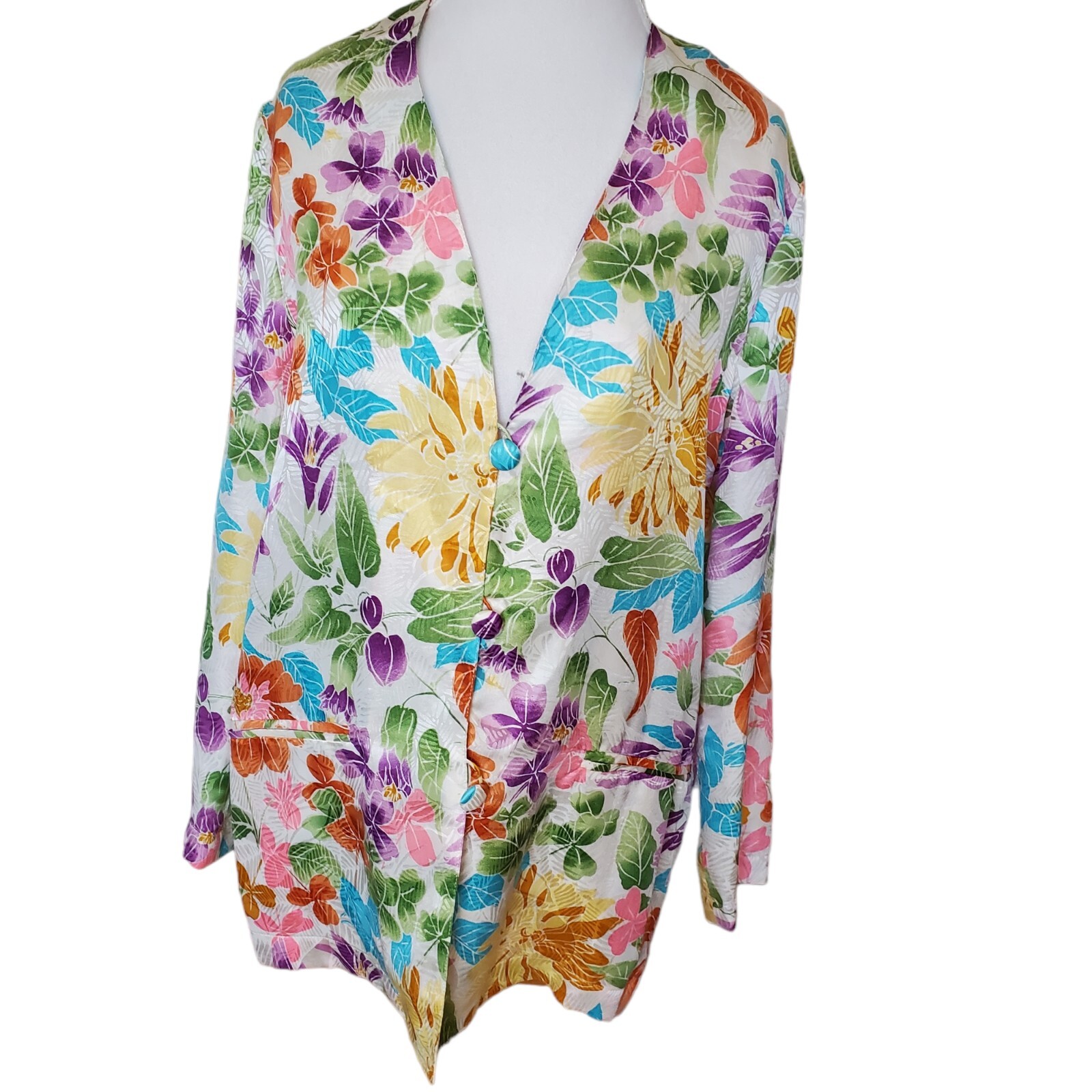 Floral Thin Silk Jacket Colorful Satin Sz Medium Pockets Oversized VTG Spring