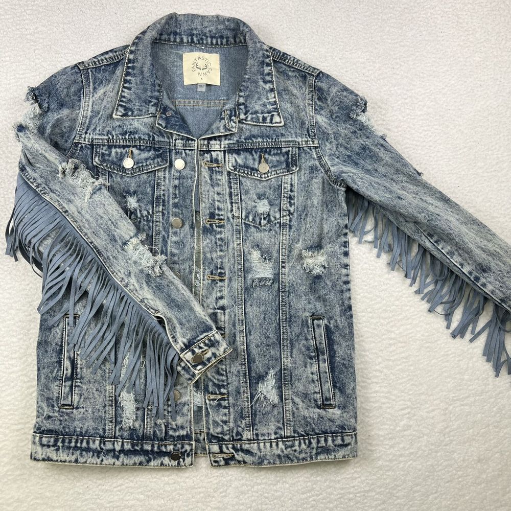 Fantastic Fawn Denim Jacket Womens Small Distressed Fringe Western Trucker