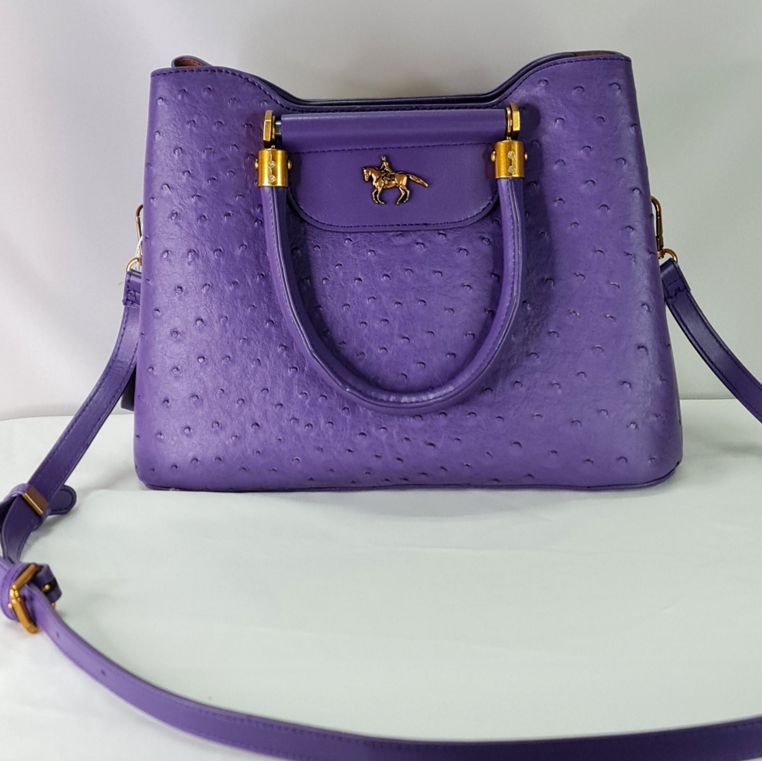 Purple Ostrich Embossed Cow Leather Satchel Top Handle Crossbody Bag Gold Zip