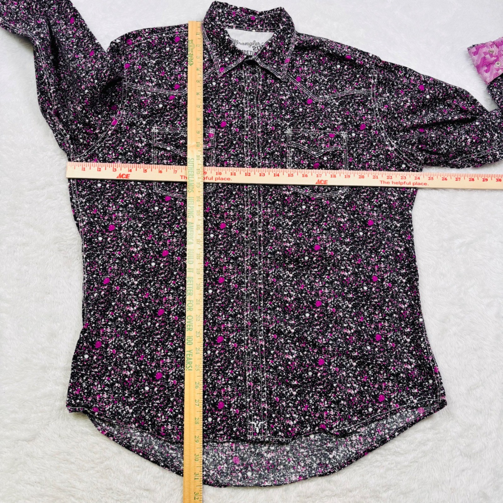 Wrangler 20X Western Shirt Men L Black Pink Paint Splatter Pearl Snap Flip Cuffs