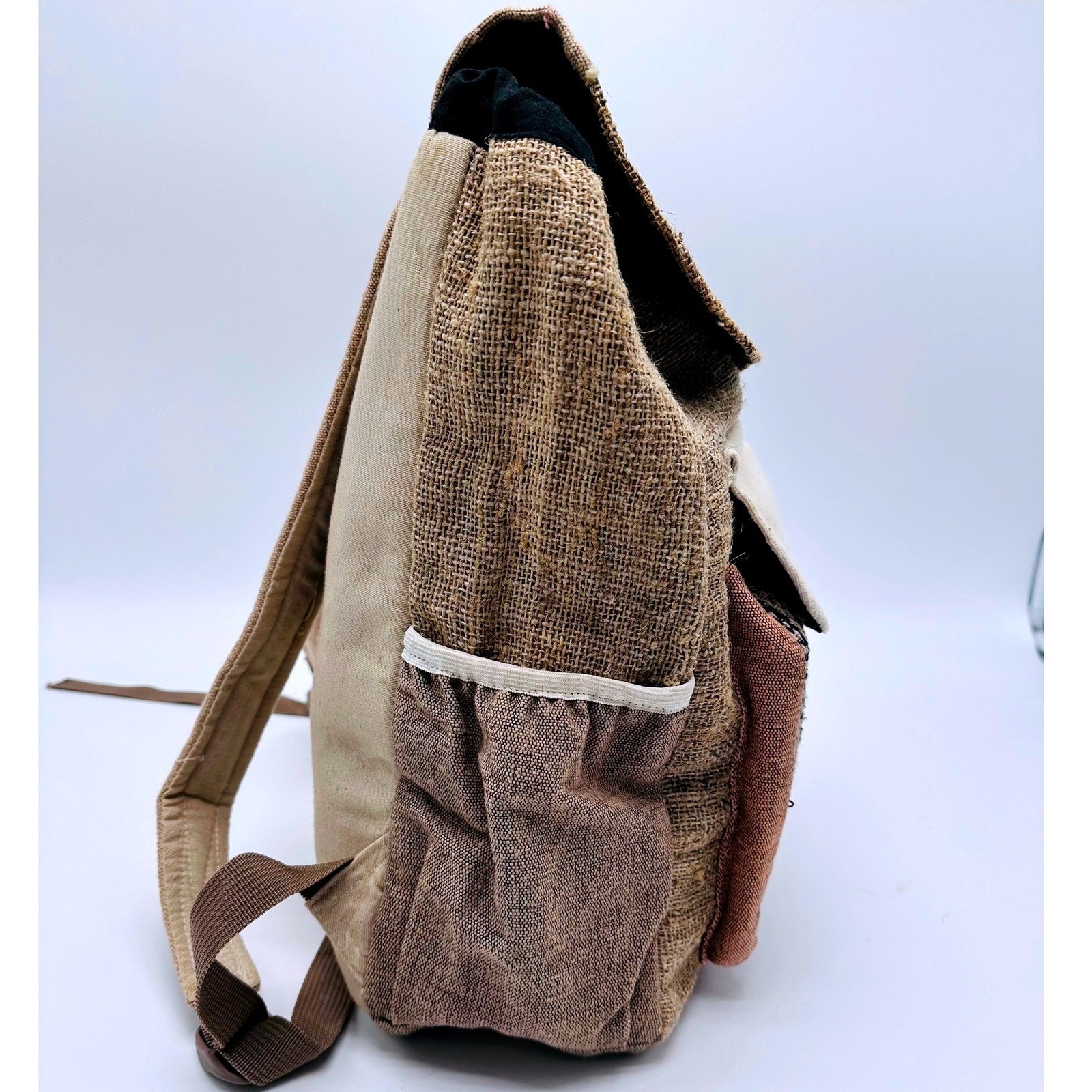 Boho Hemp Jute Backpack Brown Tan Striped Woven Hippie Rucksack Small Medium