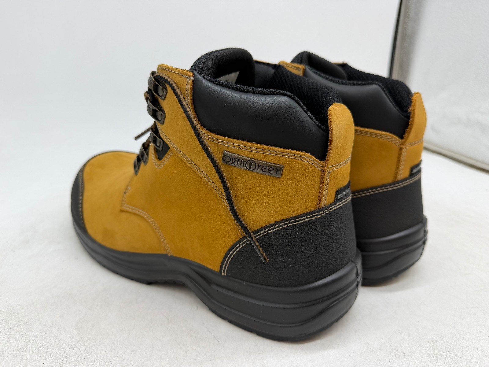 Orthofeet Granite Work Boots Men’s Mustard Black Leather Waterproof – 10 WIDE