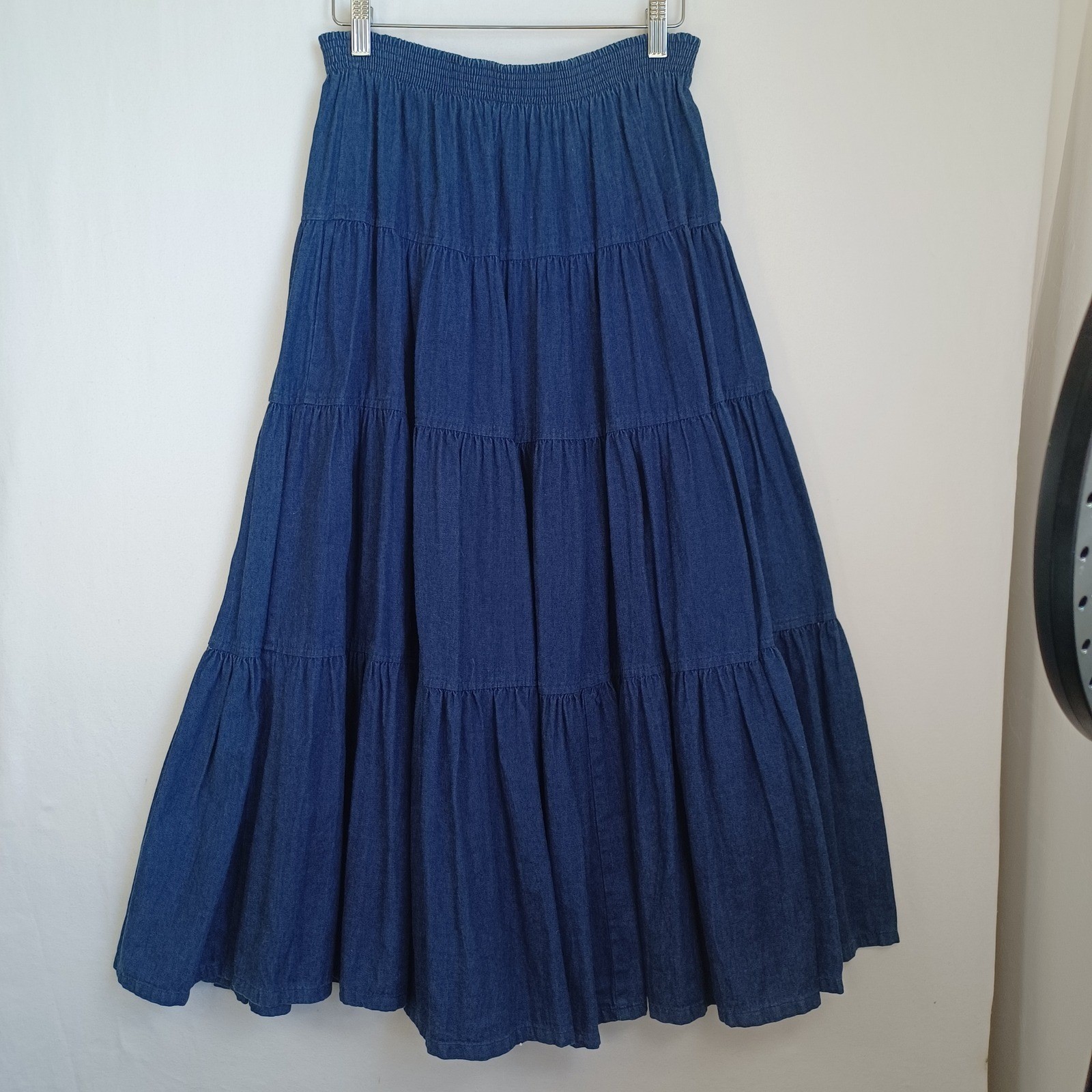 Willowbend Blue Denim Tiered Maxi Skirt Elastic Waist Made in USA Vintage Small