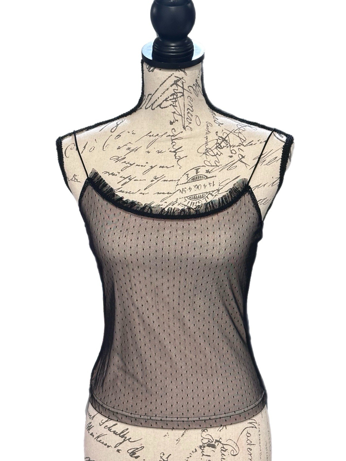 Vtg Moda Black Polka Dot Overlay Crop Tank w/ Lace Neckline Sz S EUC Y2K Goth