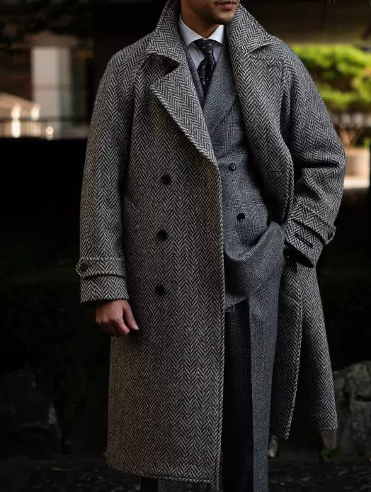 Herringbone Men’s Long Overcoat Tweed Formal Business Double Breasted Men Jacket