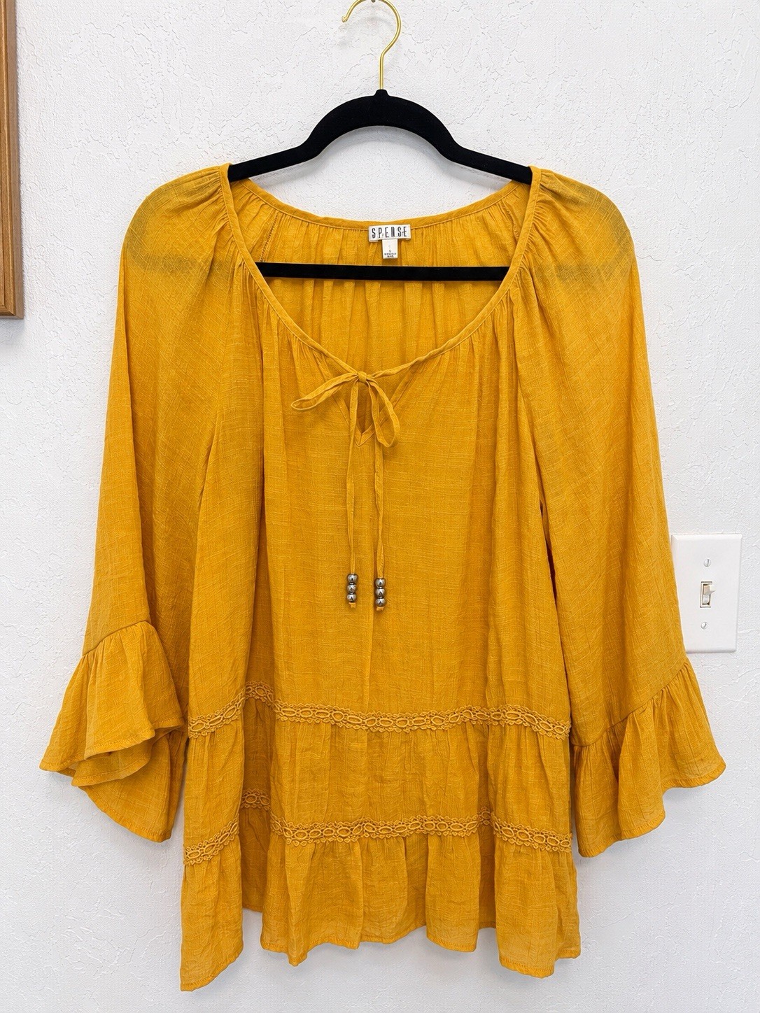 Spense Women’s L Yellow Solid Peasant Blouse Scoop Neck 3/4 Bell Sleeve Tie